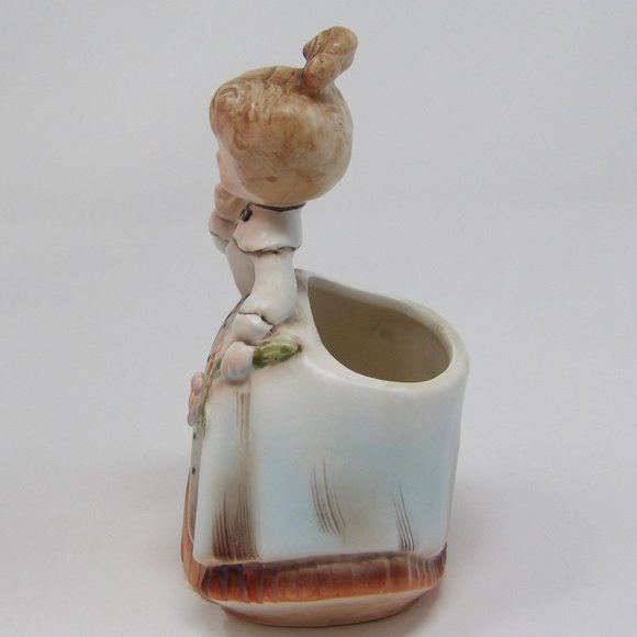 Vintage Kitschy Inarco E-871 Planter Girl in Peach Dress with Pink Flowers 5 1/2 - Picture 4 of 10